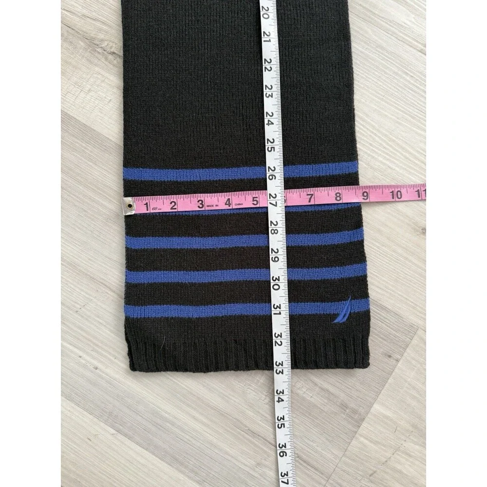 Nautica Men’s Black Blue Striped Knit Scarf Long Logo Winter